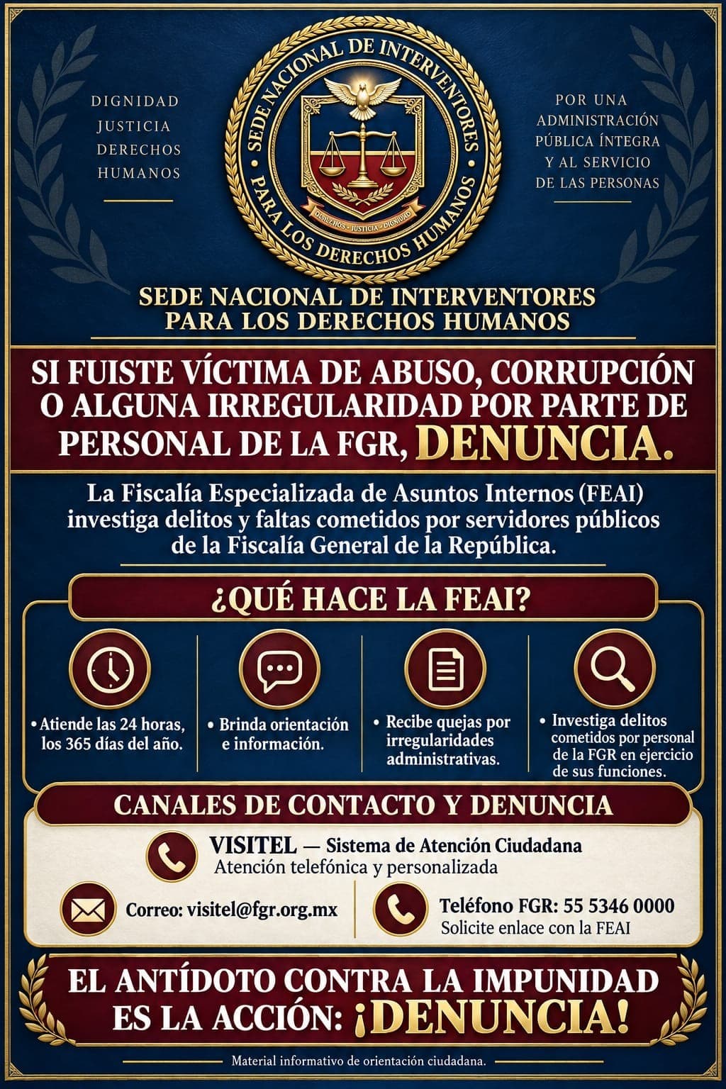 Canales de contacto y denuncia ante la Fiscalía Especializada de Asuntos Internos de la FGR